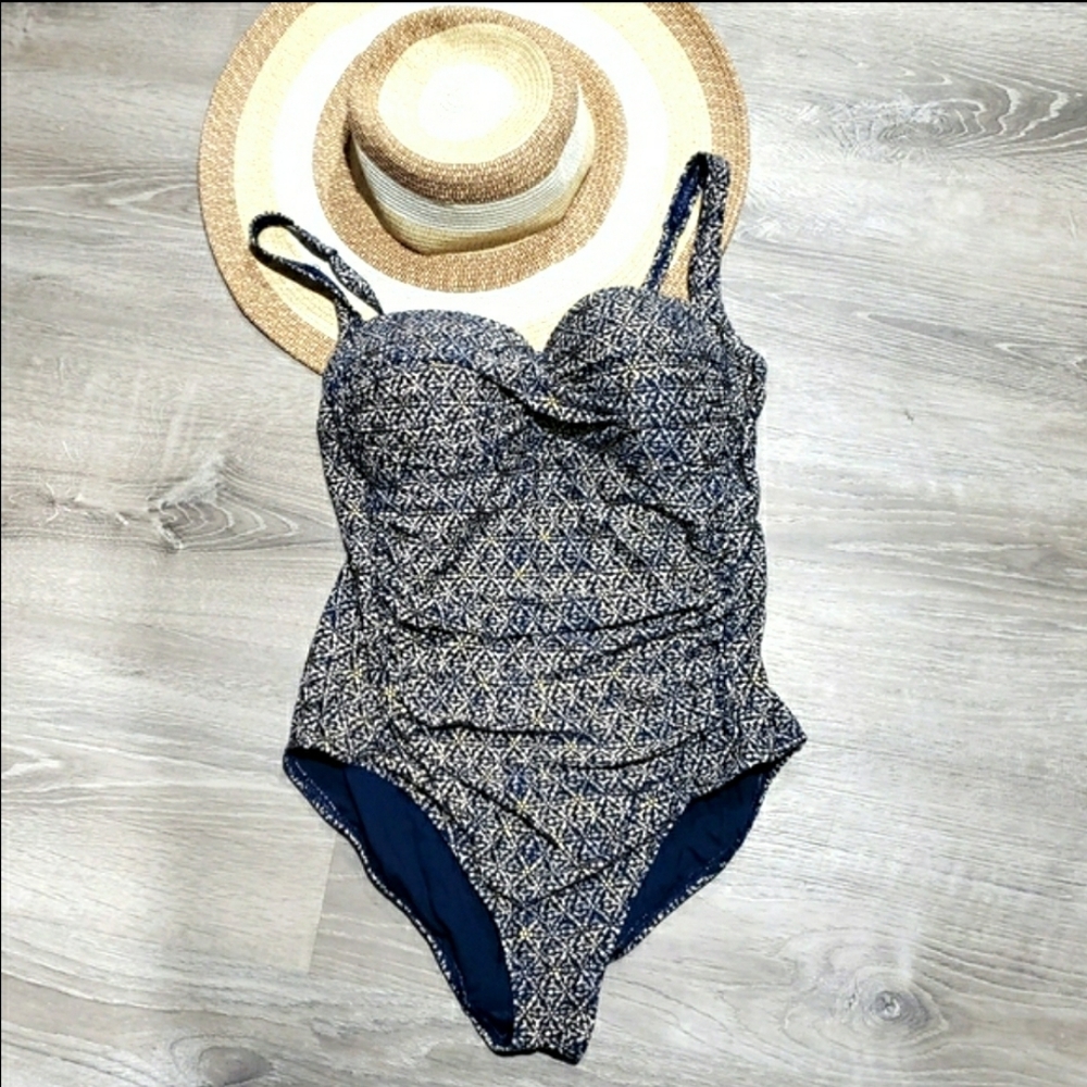 NipTuck Navy Nautical Foil Joanne Twist Front Tummy Control One Piece Swimsuit